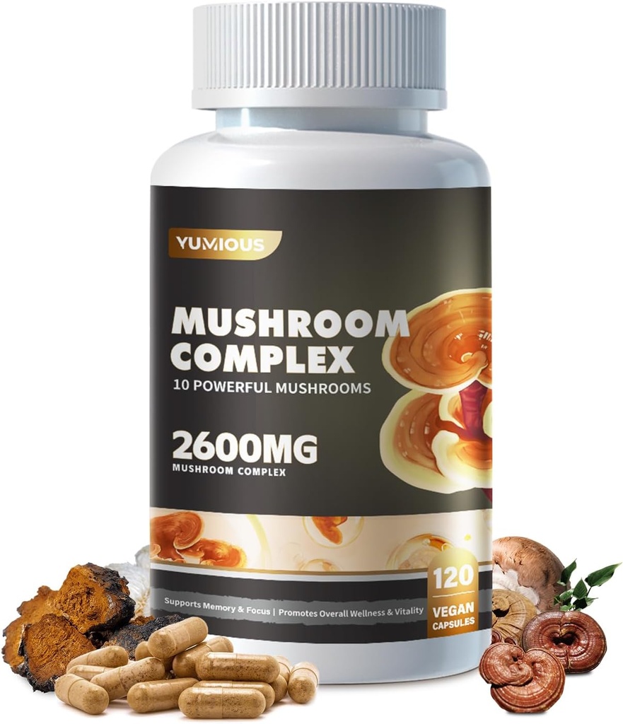 Mushroom Complex Supplement 2600mg, 120 Κάψουλες - 10 Μανιτάρια Blend - Reishi, lions mane capps, Lions Mane, Cordyceps, Chaga, Turkey Tail, Maitake, Shiitake, Oyster Nootropic Complex