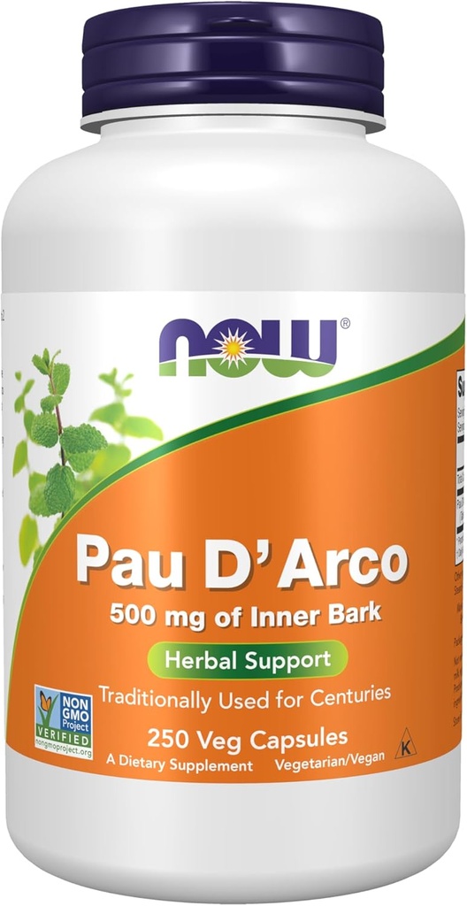 NOW Συμπληρώματα, Pau D'Arco (Tabebuia heptaphylla) 500 mg, βοτανική υποστήριξη, 250 κάψουλες Veg