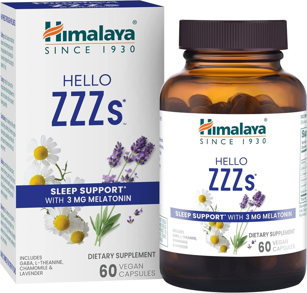 Himalaya Hello ZZZs, 60 Day Supply - Βότανο συμπλήρωμα ύπνου με μελατονίνη, GABA, L-Θεανίνη, Λεβάντα, Χαμομήλι και Λέμον Balm - Vegan, Μη ΓΤΟ, Χωρίς γλουτένη, 60 κάψουλες
