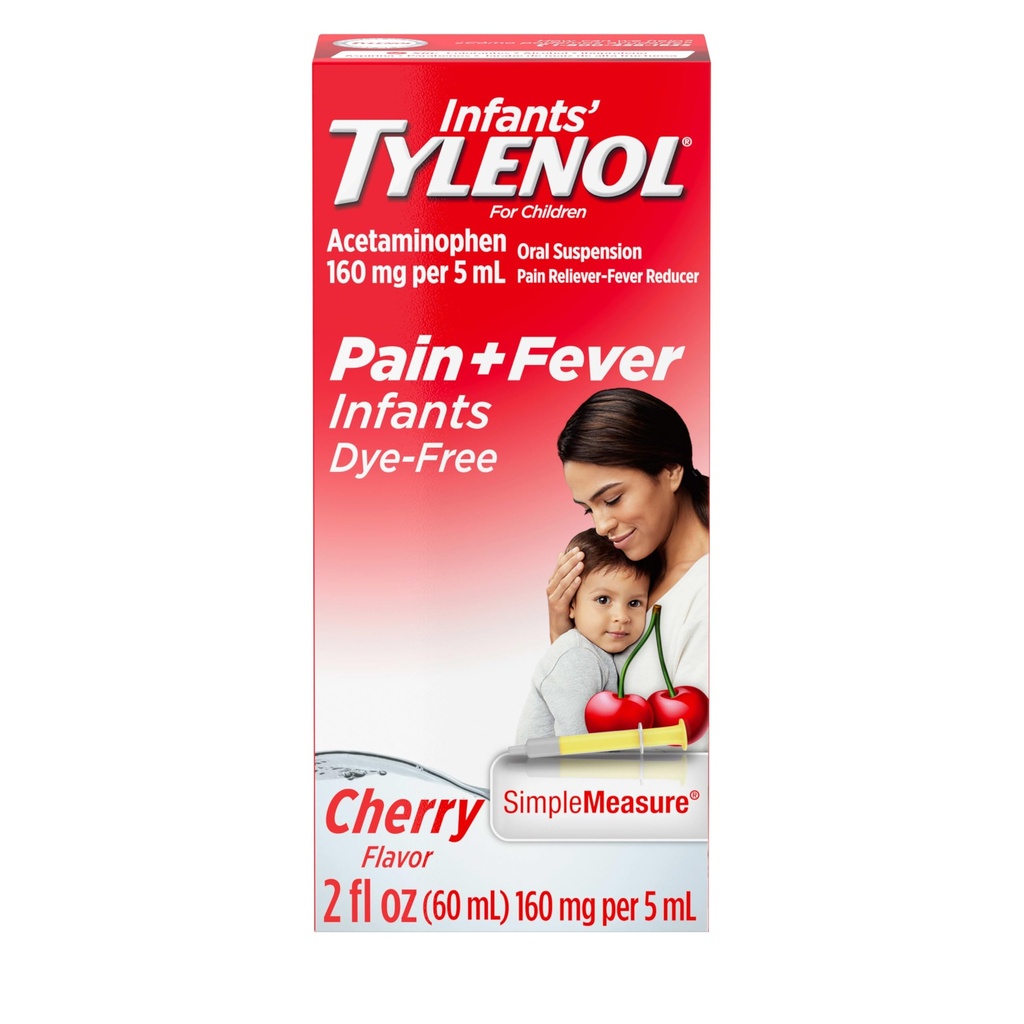 Ανακουφιστικό Υγρού Πόνος για Βρέφη Tylenol και Πυρετός Ιατρική, Στοματική Ανάρτηση, Dye-free Acetaminophen για Sore Λαρύγγι, Πονοκέφαλος & Δόντια, Πυρετός για Παιδιά; Cherry Flavor, 2 fl. oz.; Συσκευασία του 1