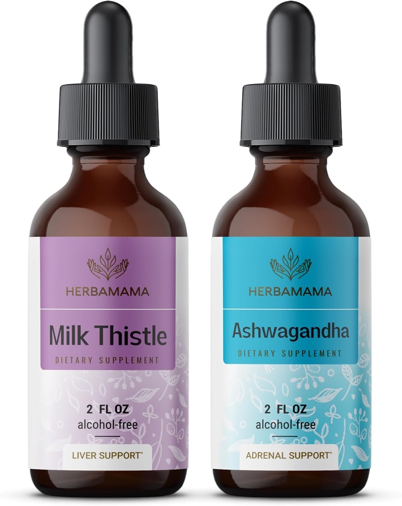 HERBAMAMA Herbal Liquid Drops Kit - Bundle of Milk Thistle Extract & Ashwagandha Root Tincture 2 fl oz - Vegan, Non-GMO, Sugar & Alcohol-Free - 2 Pack