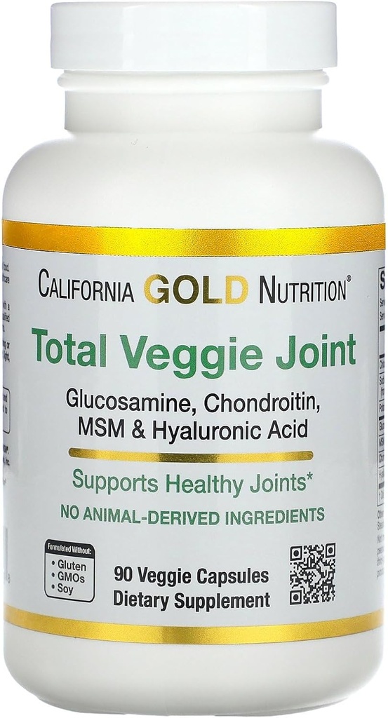 California Gold Nutrition Χορτοφαγική Γλυκοζαμίνη, Χονδροϊτίνη, Υαλουρονικό Οξύ, MSM, Total Veggie Joint & Bone Support Formula, Non GMO, No Soy, Gluten Free, 90 Veggie Κάψουλες