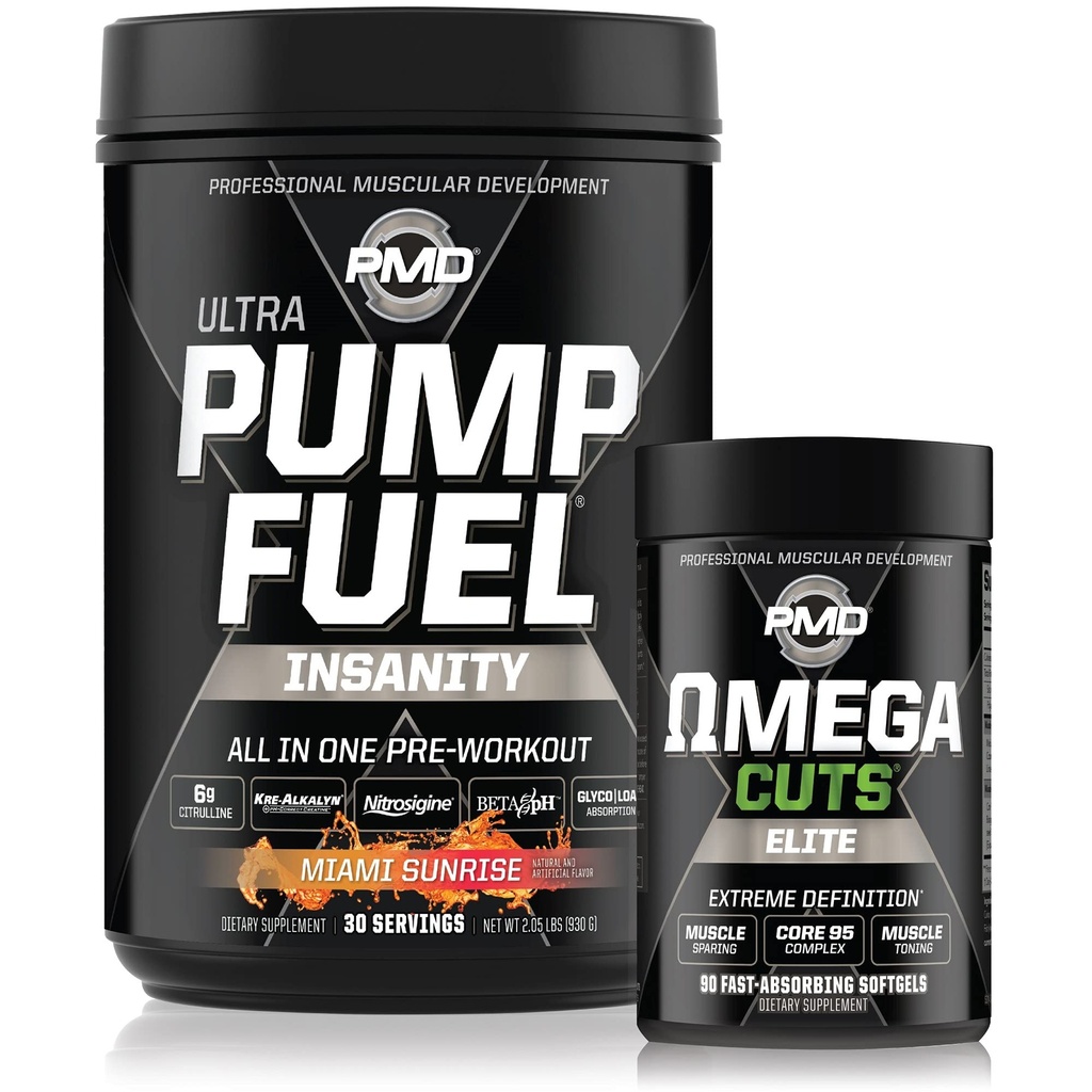 Αθλήματα PMD Αθλητισμός Ultra Αντλία Fuel Insanity - Προ προπόνηση - Miami Sunrise (30 υπηρεσίες) & PMD Αθλητισμός Omega κόβει Elite Θερμογόνο Fat Burner (90 Softgels)