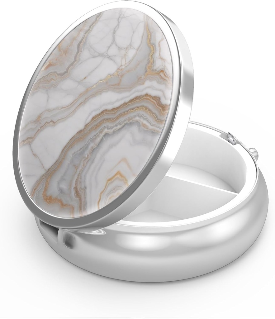 Pill Box 3 Compartment Small Pill Case,Portable for Pocket or Purse Pill Organizer Pill Container Holder to Hold Vitamins, Medication, Fish Oil and Supplements(Gray Marbling Gold)