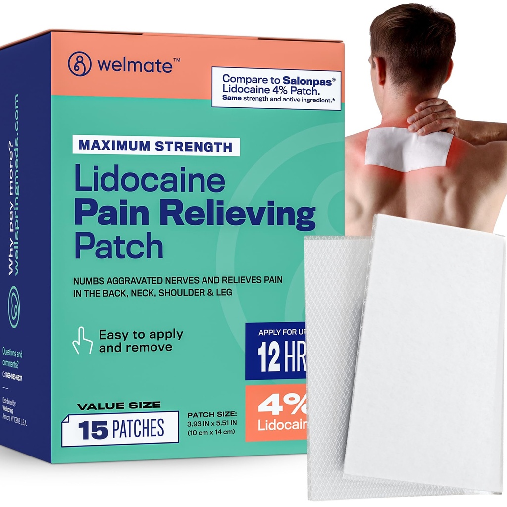 WELMATE Pain Patches Μέγιστη δύναμη Λιδοκαΐνη 4% Topical Numbing Anaalgesic – Lidocaeine Patches for Nerve & Back Pain Relief, Sciatica, Neck Muscle Strain, Knee, Shoulder Joint, Hip, Foot (15ct)