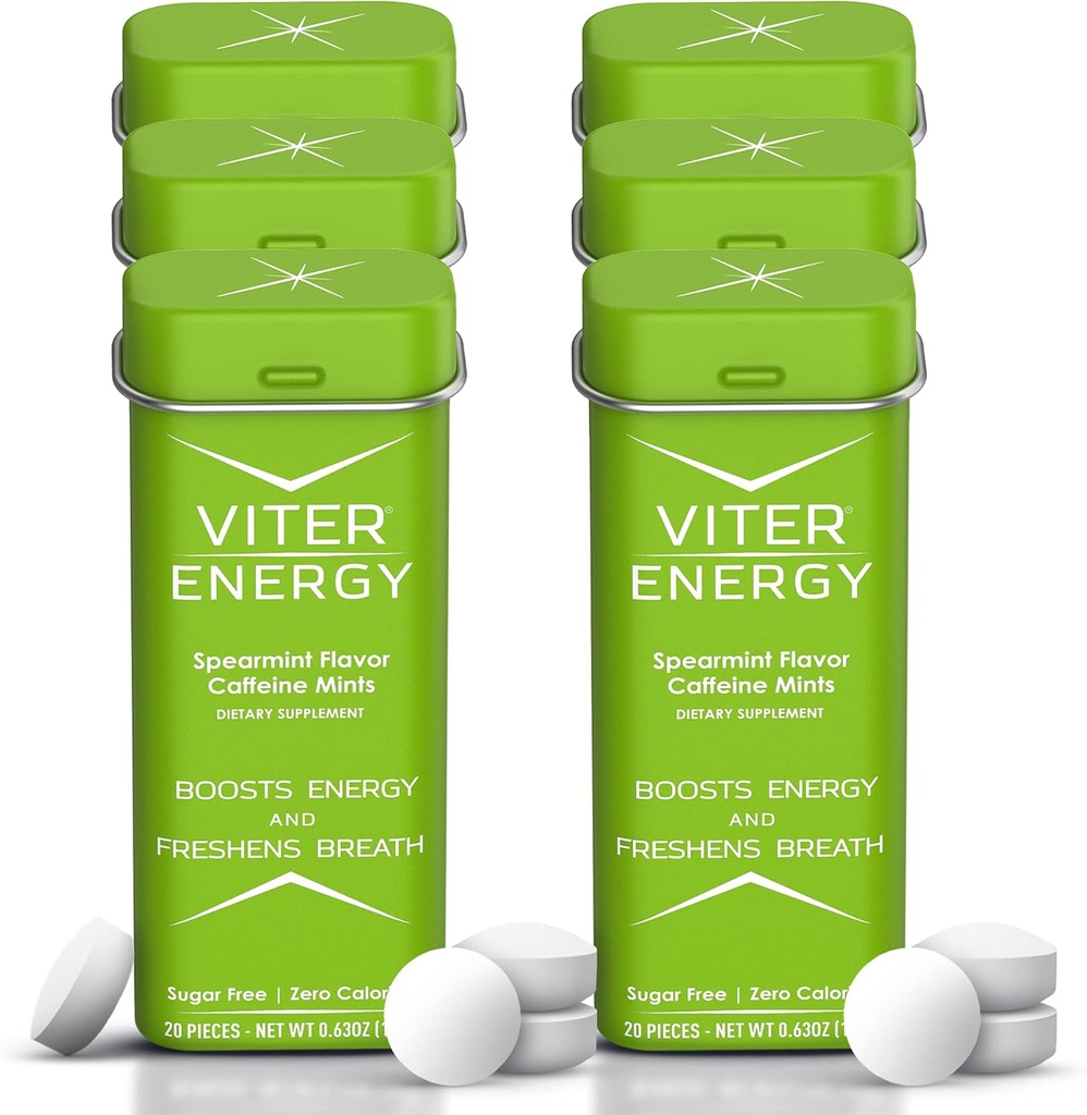 Viter Energy 40mg Μέντες καφεΐνης - Χωρίς ζάχαρη, Β Βιταμίνες, Vegan, Ενισχύει γρήγορη ενεργοποίηση Alert Focus, καφεΐνη Nootropic χάπια συμπλήρωμα (Spearmint Flavor, 20pcs, 6 Pack, 120pcs Σύνολο)
