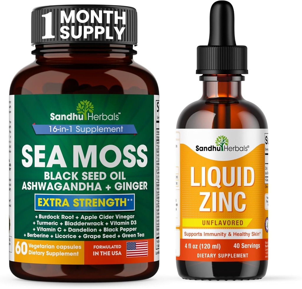 SANDHUHERBALS Sandhu Herbals Sea Moss 60 Κάψουλες & Υγρός ψευδάργυρος ιωνικές σταγόνες Συμπλήρωμα 4 fl oz 