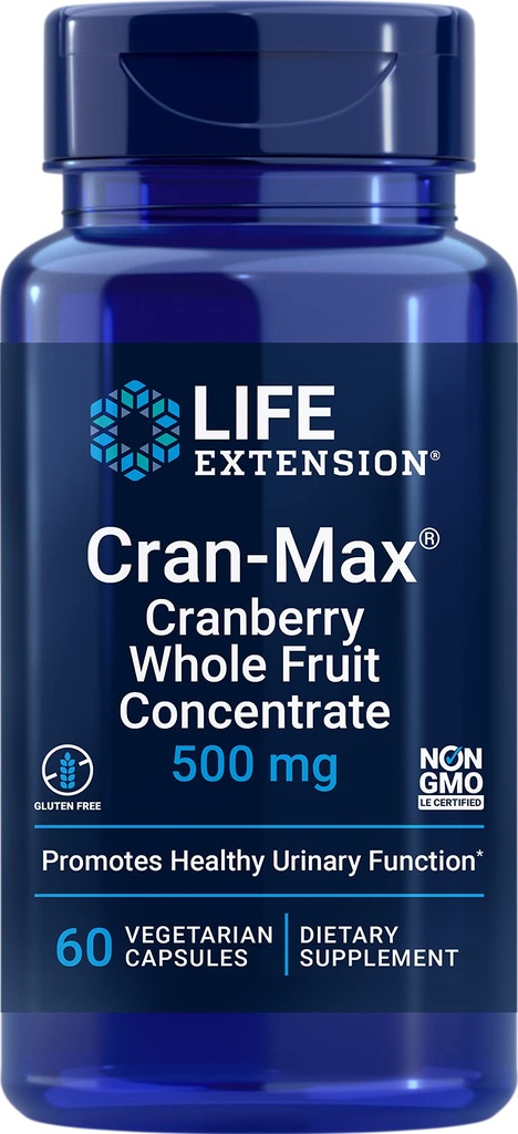 Life Extension Cran-Max®, 500 mg, Cranberry Whole Fruit Concentrate, Προάγει την Ουροφαγική Φυλλαδική Υγεία με Ισχυρά Αντιοξειδωτικά, Χωρίς Γλουτένη, Χορτοφαγικά, Μη ΓΤΟ, 60 Κάψουλες