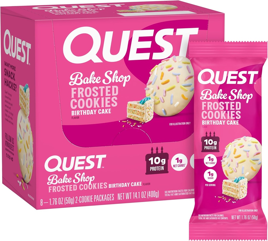 Quest Διατροφή παγωμένα Cookies Twin Pack, Κέικ γενεθλίων, 1g Ζάχαρη, 10g Πρωτεΐνη, 2g Καθαρά υδατάνθρακες, Χωρίς γλουτένη, 8 Count(Pack of 1)