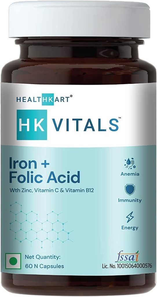 Υγεία k Σιδήρου + Folic Acid συμπλήρωμα, με ψευδάργυρο, βιταμίνη C & βιταμίνη B12, υποστηρίζει κτίριο αίματος, ανοσία και ενέργεια, 60 κάψουλες φολικό οξύ σιδήρου