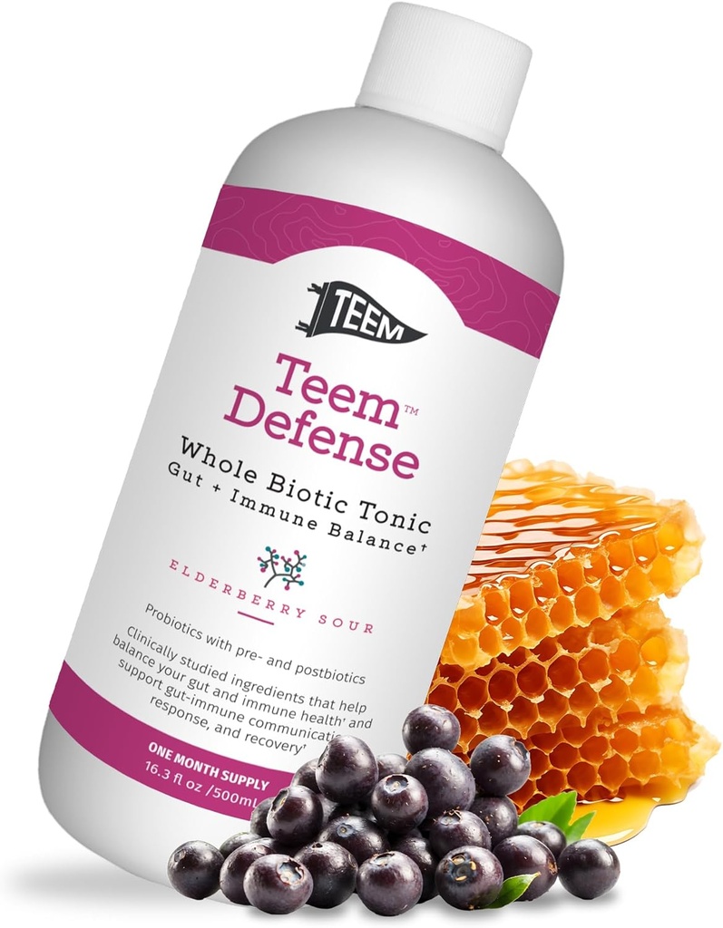 Teem Defense Liquid Probiotic with Elderberry, Whole Biotic Tonic for Digestion & Immunity, Prebiotic Probiotic & Postbiotic Supplement for Kids and Adults, 30 Day Supply – 16,3 FL.Oz