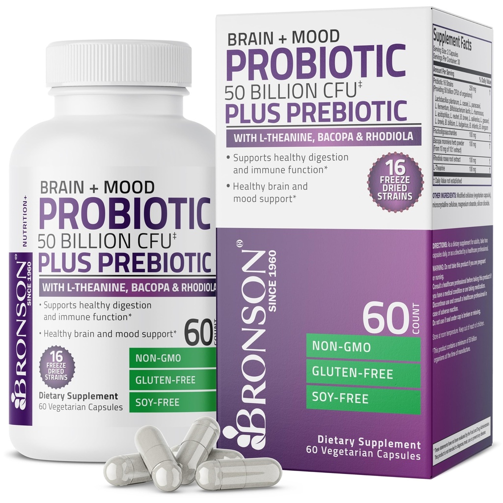 Bronson Brain + Mood Probiotic 50 δις CFU Plus Prebiotic με L-Θεανίνη, Bacopa και Rhodiola Non-GMO, 60 κάψουλες χορτοφάγων