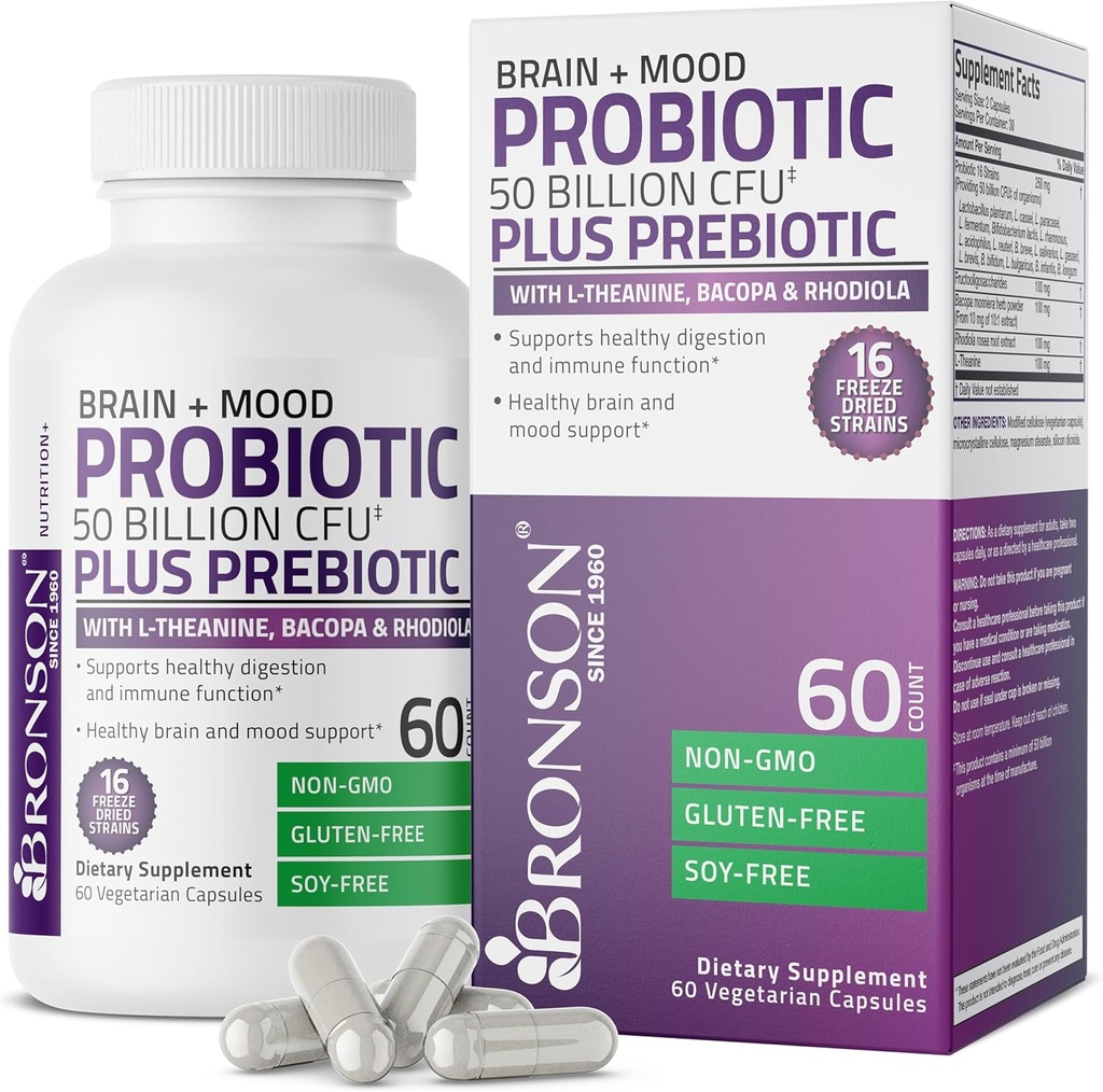 Bronson Brain + Mood Probiotic 50 δις CFU Plus Prebiotic με L-Θεανίνη, Bacopa και Rhodiola Non-GMO, 60 κάψουλες χορτοφάγων