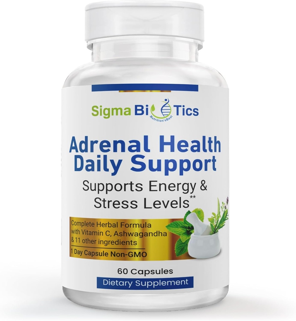 Sigma Biotics Adrenal Health Daily Support - Συμπλήρωμα Υποστήριξης Adrenal με Adaptogenic Herbs, Βιταμίνες, και Αμινοξέα - Μη ΓΤΟ Adrenal Complex for Energy and Vitality - 60 Κάψουλες