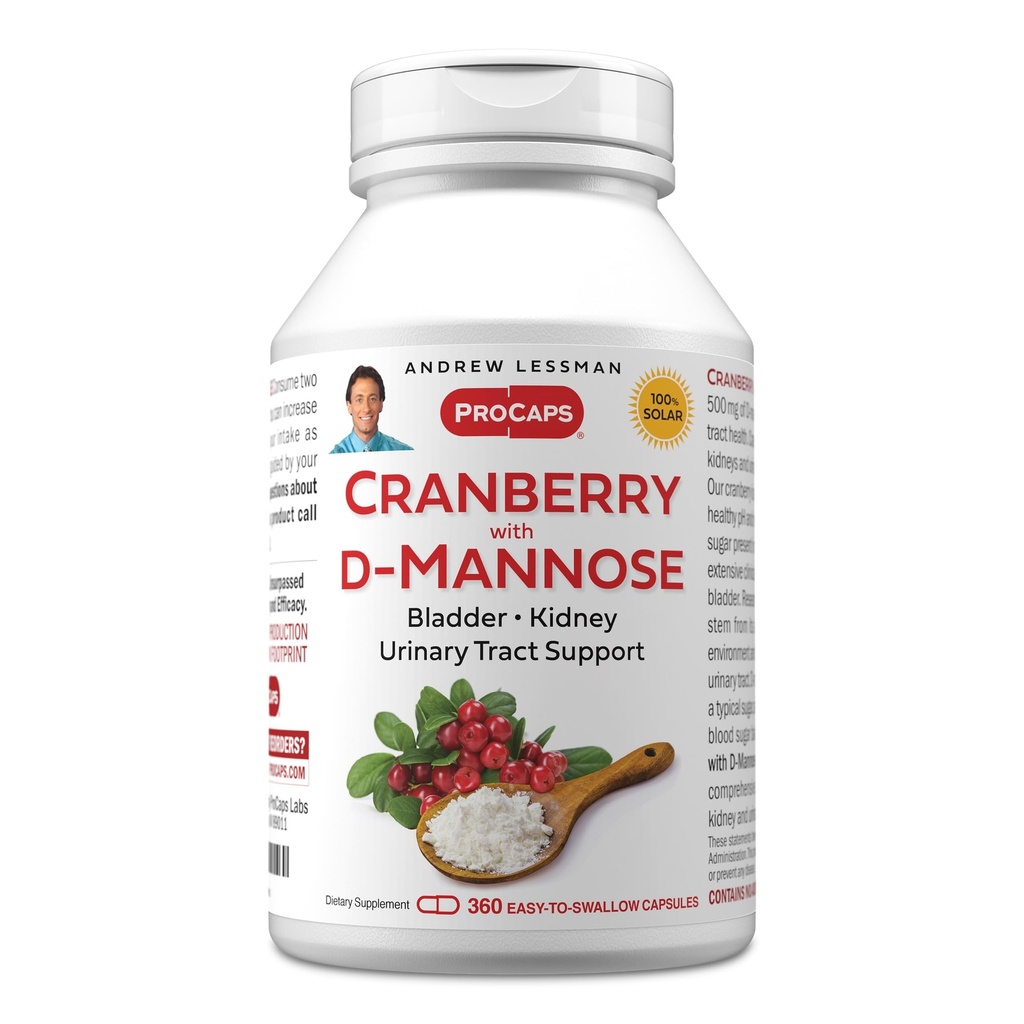 ANDREW LESSMAN Cranberry με D-Mannose - 360 κάψουλες - Υποστηρίζει την κηλίδωση, το νεφρό και την ουρολοίμωξη. Υψηλή ισχύς Standardized Cranberry συμπυκνωμένο και D-Mannose. Εύκολο να καταπιείτε κάψουλες