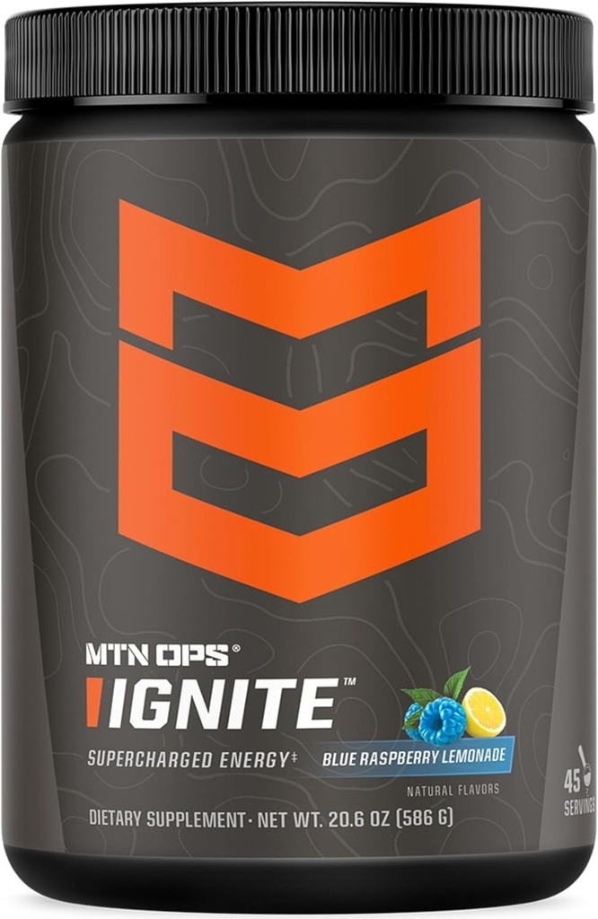 MTN OPS Ignite Energy Drink Powder, Gluten Free Nootropic Supplement Drink Mix, L Arginine, L Citrulline, Caffeine & Nootropic Sugar Free Drink Mix, 45 Servings, Blue Raspberry Lemonade