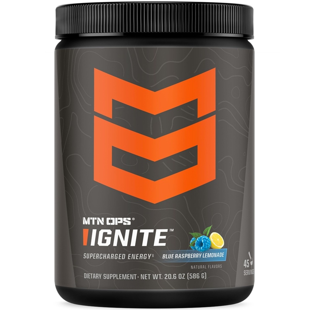 MTN OPS Ignite Sugar Free Energy Drink Powder with 200mg Caffeine, Nootropic Blend for Energy, Focus & Endurance, L Arginine & L Citrulline Pre Workout, 45 Servings, Blue Raspberry