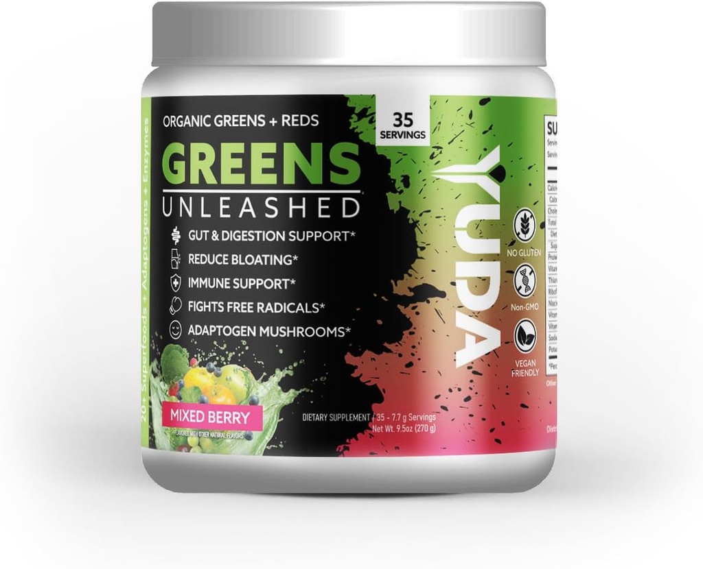 Yuda Organic Greens Unleashed Powder - Αντιοξειδωτικό Superfood Mixed Berry Drinks for Immune Support & Gut Health - Χαμηλή Ζάχαρη, Μη ΓΤΟ & Κετο-Friendly Green Supplement - 35 Μερίδες (Pack of 1)