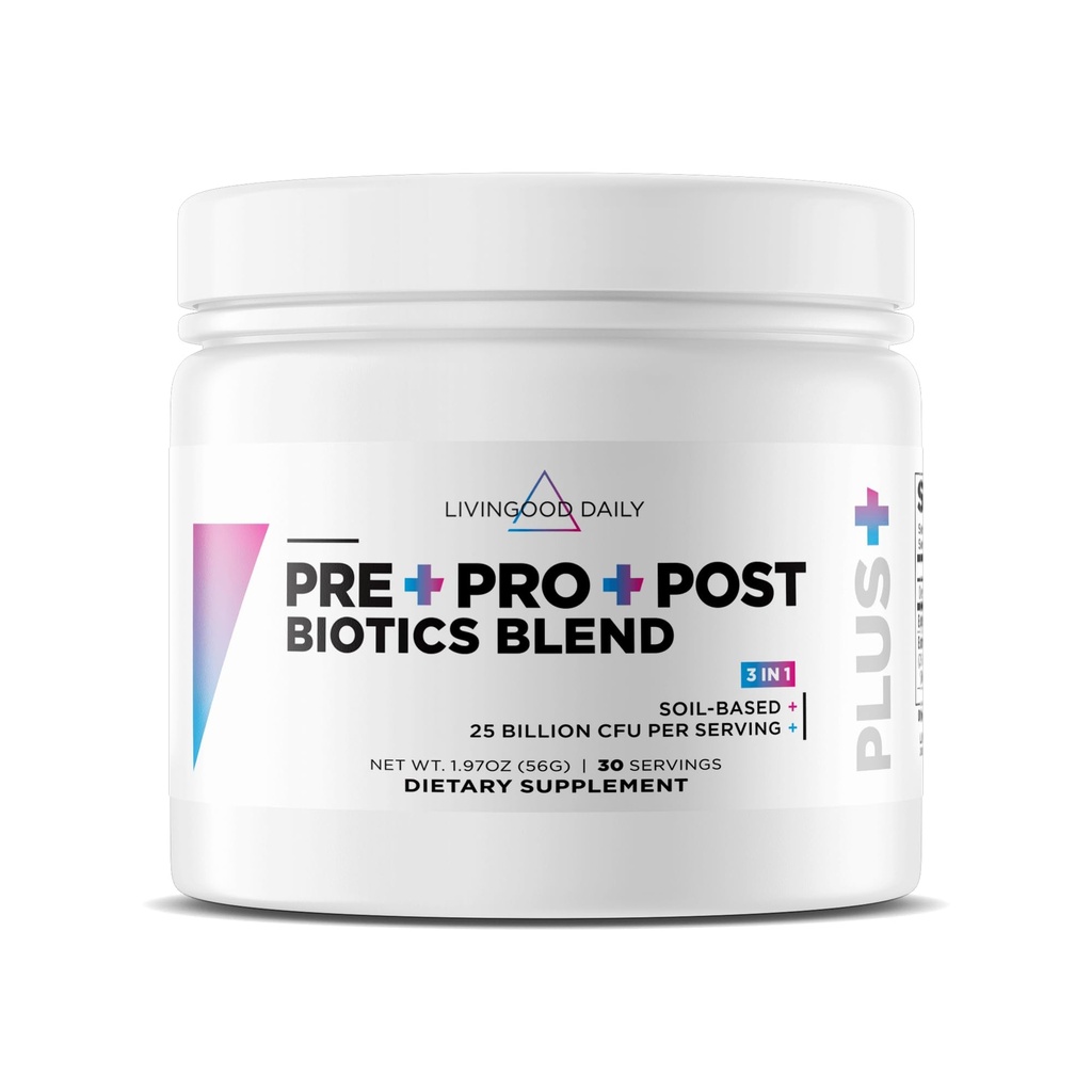 Livingood Daily Pre Pro Post Biotics Blend Powder, Digestive Health Supplement with Prebiotics from Organic Blue Agave Inulin, SBO Probiotics, Probiotics for Women & Men, Non GMO, Vegan, 30 Servings