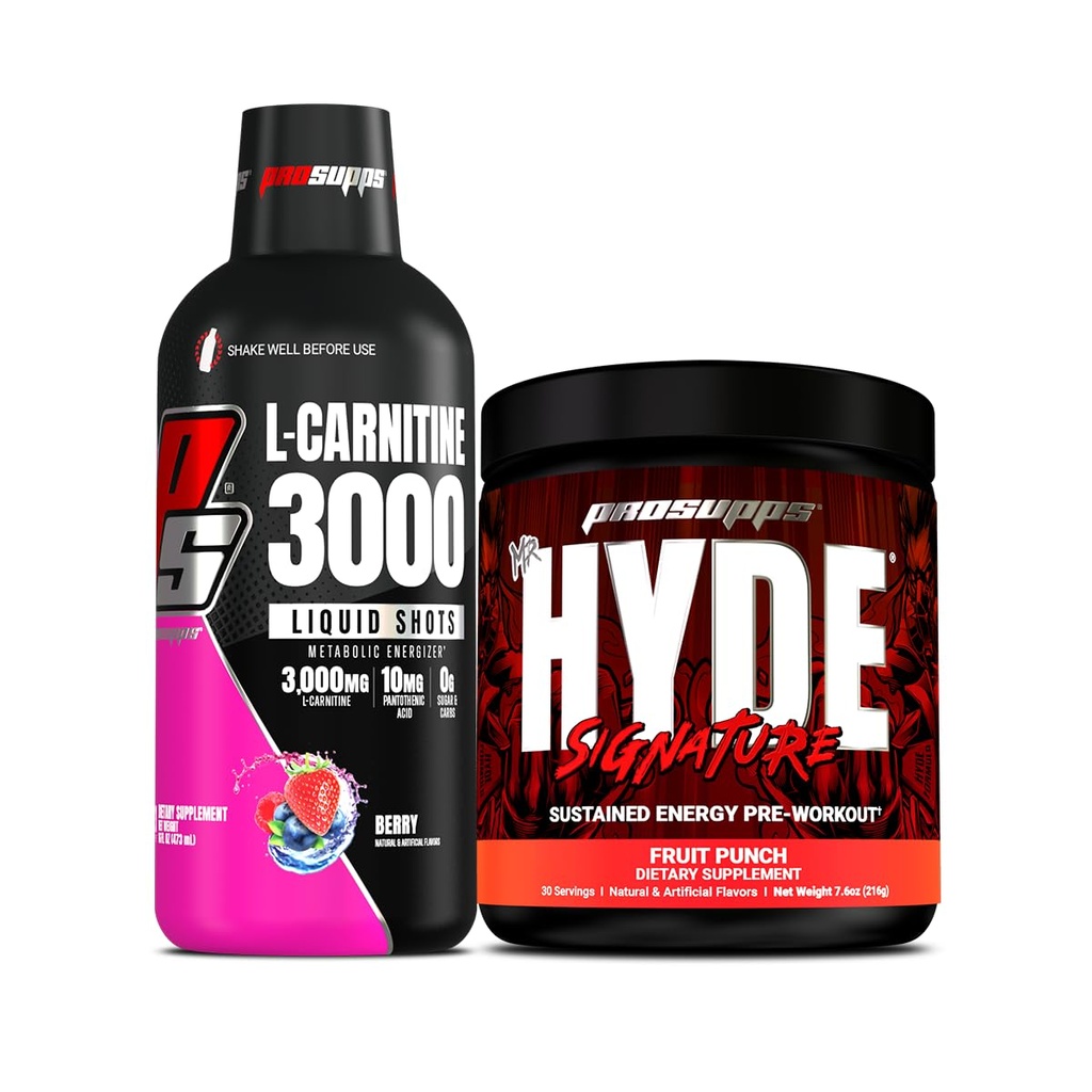 PROSUPPS L-Carnitine 3000 Stimulant Free Liquid Shots (Berry) and Mr. Hyde Signature Series Pre-Workout Energy Powdered Drink (Fruit Punch) Bundle