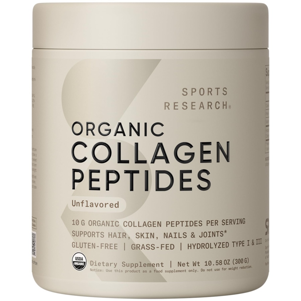 Sports Research® Organic Collagen Peptides - Hydrolyzed Type I & III Σκόνη πρωτεΐνης κολλαγόνου Κατασκευασμένη Αειφόρα από αγέλες χόρτου - USDA Organic· Non-GMO · Χωρίς γλουτένη - Χωρίς γλουτένη, 30 Σερβιέτες