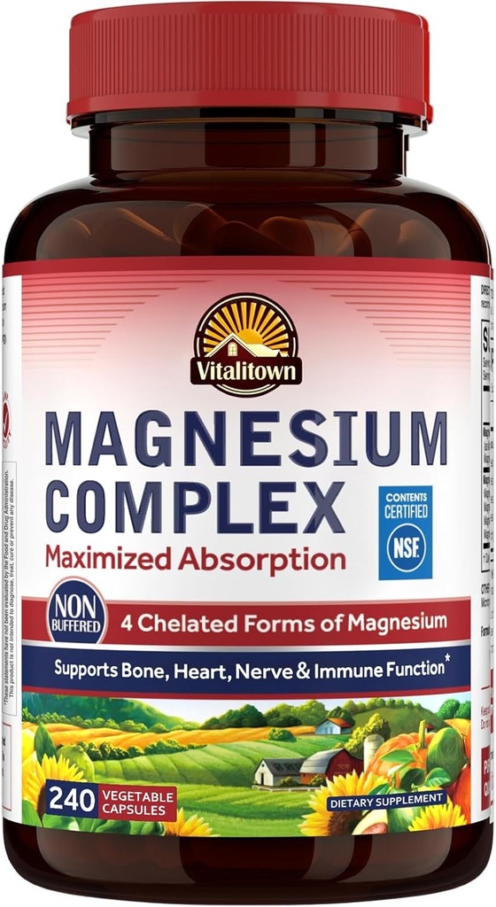 Vitalitown Magnesium Complex Supplement 500mg, Μεγιστοποιημένη Απορρόφηση, NSF Certified Chelated Magnesium Glycinate, Milate, Taurate & Citrate for Sleep, Energy & Heart, Vegan, Non-GMO 240 Caps