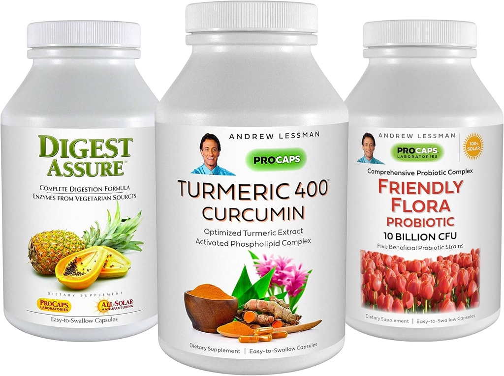 ANDREW LESSMAN 3 Product Digestive Bundle - 30 Capsules Each of Turmeric 400 Curcumin, Digest Assure & Ultimate Friendly Flora. Support & Enhance Healthy Digestive Processes.