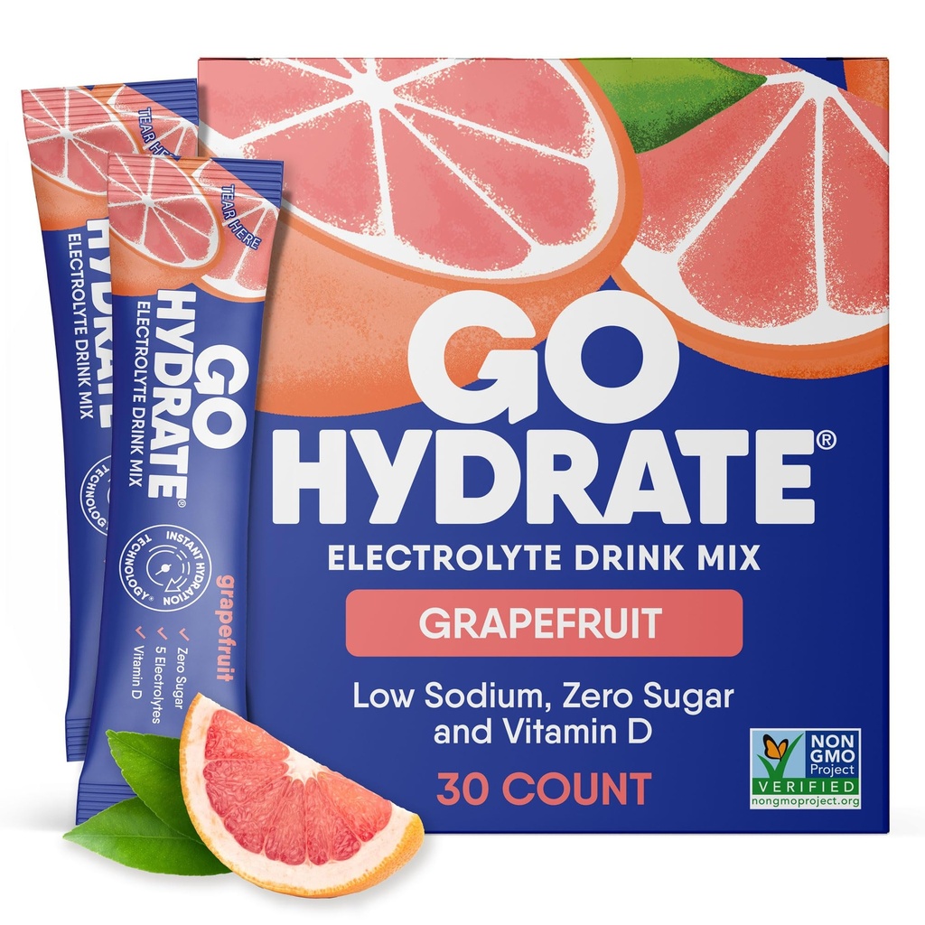 GoHydrate Low Sodium Electrolytes Powder Packets Sugar Free - Instant Hydration Daily Drink Mix - Zero Sugar Flavor Packet Singles with Vitamin D - (Grapefruit, 30 συσκευασίες)
