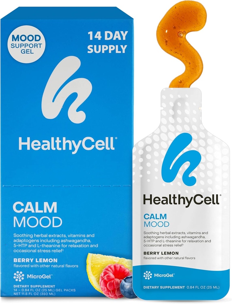 Healthycell Calm Mood Daily Liquid Supplement - Cortisol Manager & Mood Υποστήριξη συμπλήρωμα για το άγχος με Ashwagandha, L-Θεανίνη, Μαγνήσιο, 5-HTP, GABA & Saffron - 14 Gel πακέτα
