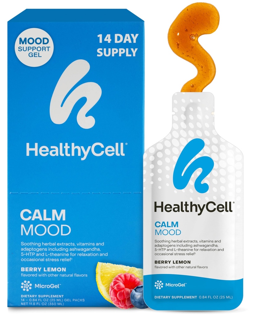 Healthycell Calm Mood Daily Liquid Supplement - Cortisol Manager & Mood Υποστήριξη συμπλήρωμα για το άγχος με Ashwagandha, L-Θεανίνη, Μαγνήσιο, 5-HTP, GABA & Saffron - 14 Gel πακέτα