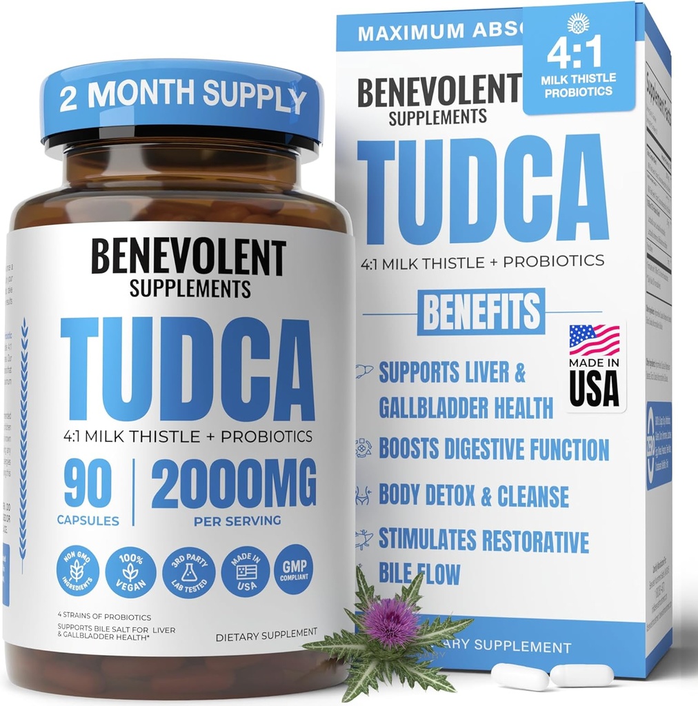2000mg TUDCA Bile Salts Supplement Complex | Supports Liver Detox & Cleanse, Gallbladder, Gut & Kidney Health | 4:1 Milk Thistle + Probiotics for Max Absorption| USA Made | 90 Non-GMO V Capsules