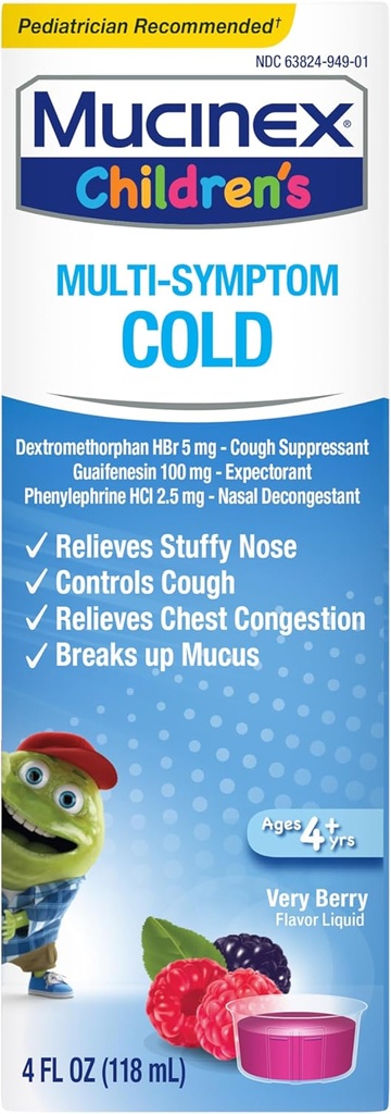 Mucinex Children's Multi-Symptom Cold Relief Liquid- Relieves Stuffy Nose, Chest Conpostion, Cough & Mucus, Reventorant & Cuff Suppressant με Dextromethorphan, Guaifenesin, Phenylefrine, 4 oz.