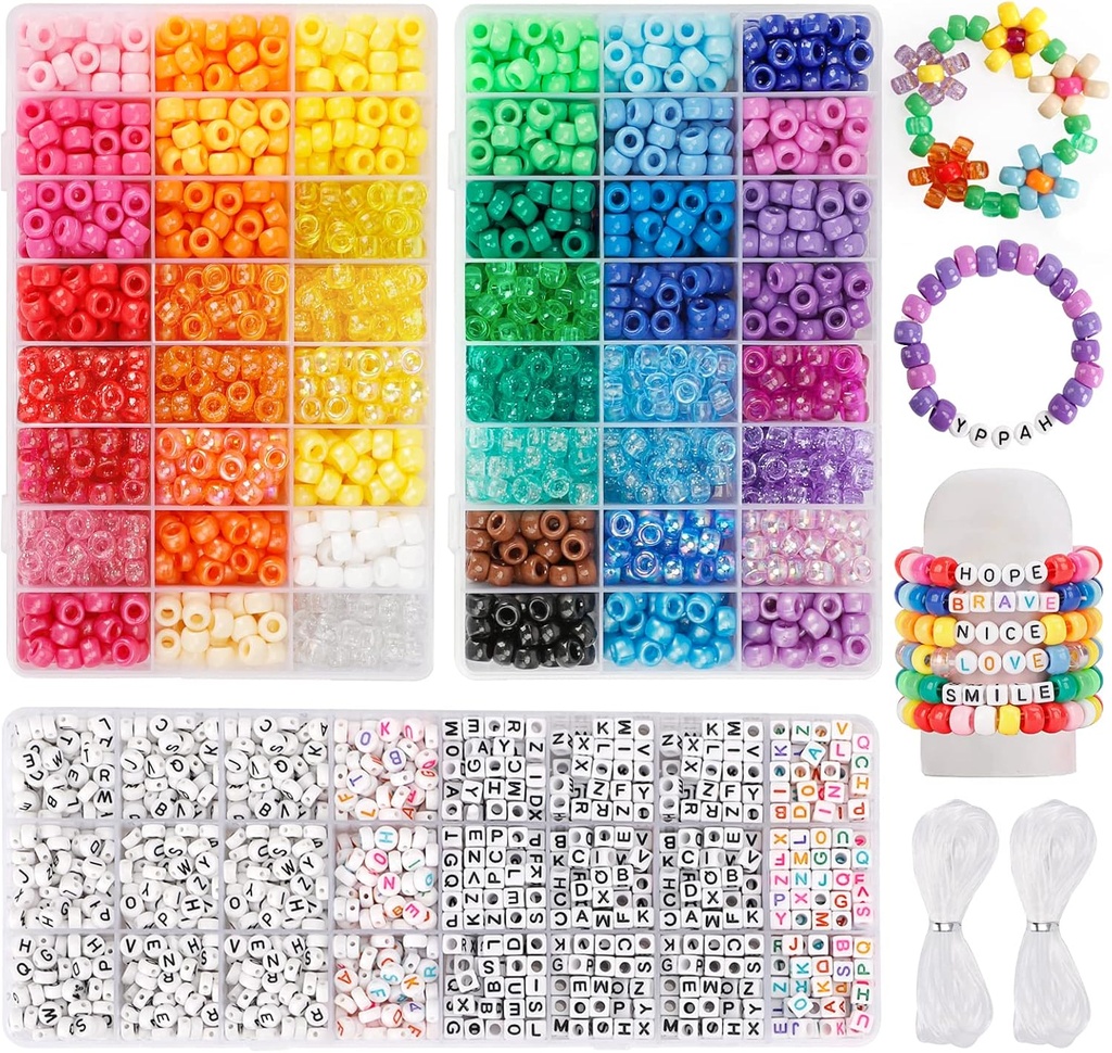 Quefe 3960pcs Pony Beads for Friendship Bracelet Making Kit 48 Colors Kandi Beads Set, 2400pcs Πλαστικό Rainbow Bulk και 1560pcs Γράμμα Beads με 20 Meter Ελαστικά Νήματα για Χειροτεχνία κολιέ κοσμήματα