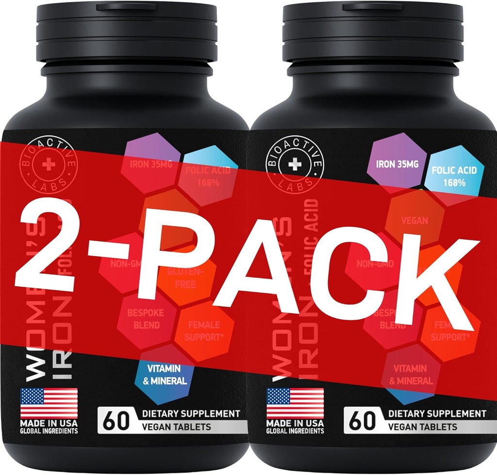 Vegan Iron Supplements for Women with Folic Acid - 168% Folate Folic Acid, 194% Ferrous Sulfate Blood Builder with Anemia and Pregnant Women - 2-Pack, 120 Gluten-Free Gentle Iron Tablets