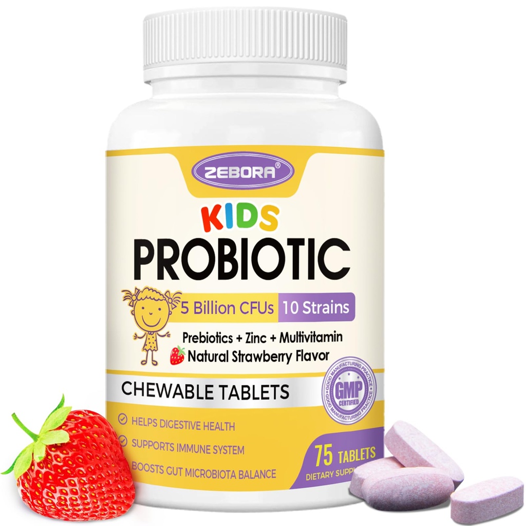 ZEBORA Kids Probiotic Chewables for Digestive Health with 5 Billion CFUs, Prebiotics and Probiotics for Kids for Gut Health, Immune Support, Nutrient Absorb, Vitamin C, Zinc, 75 Servings