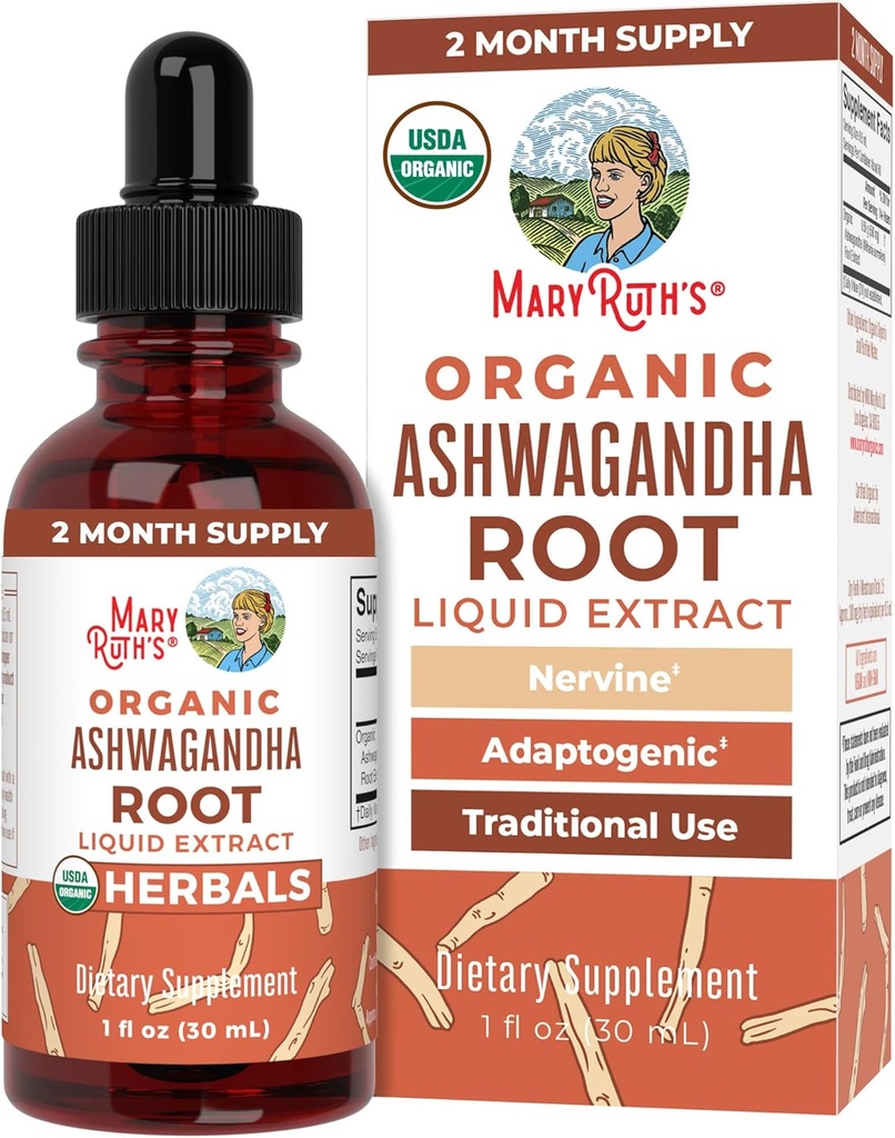 MaryRuth Organics Ashwagandha Root | USDA Organic Ashwagandha Liquid Drops | Stress Relief, Natural Calm, Relaxation and Mood Support Supplement | Adaptogenic | Nervine | Vegan | Non-GMO | 60 Servings