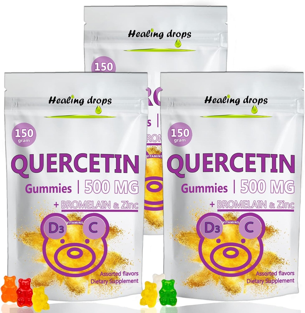 Quercetin με Bromelain Gummies - Βιταμίνη C + ψευδάργυρος + Βιταμίνη D3 - Quercetin 500mg Gummies για Παιδιά και Ενήλικες (3 συσκευασίες)