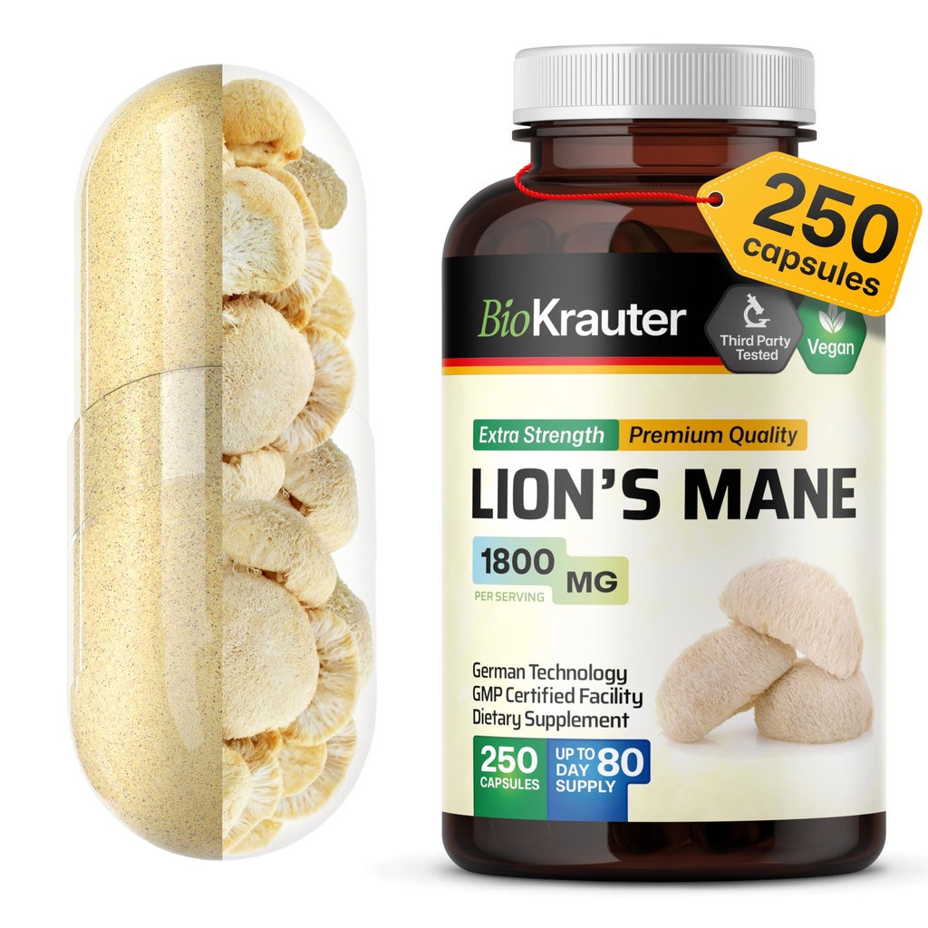 BIO KRAUTER Lions Mane συμπλήρωμα κάψουλες 1800 mg - 250 Count - Vegan Lions Mane συμπλήρωμα σκόνης για την υποστήριξη του εγκεφάλου - 3 μήνες προσφοράς - Χωρίς πληρωτικά
