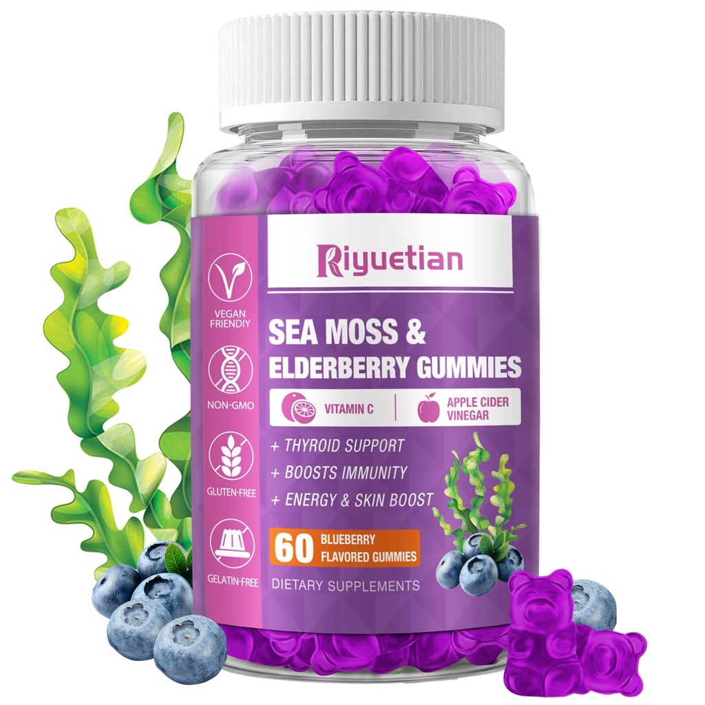Sea Moss Gummies & Elderberry - Βιταμίνη C + ψευδάργυρος – Δύναμη Ανοσοποιητικό & Thyroid Υποστήριξη Booster Gummy Bears για Παιδιά & Ενήλικες - 60 Φυσικό Seamos Gummies