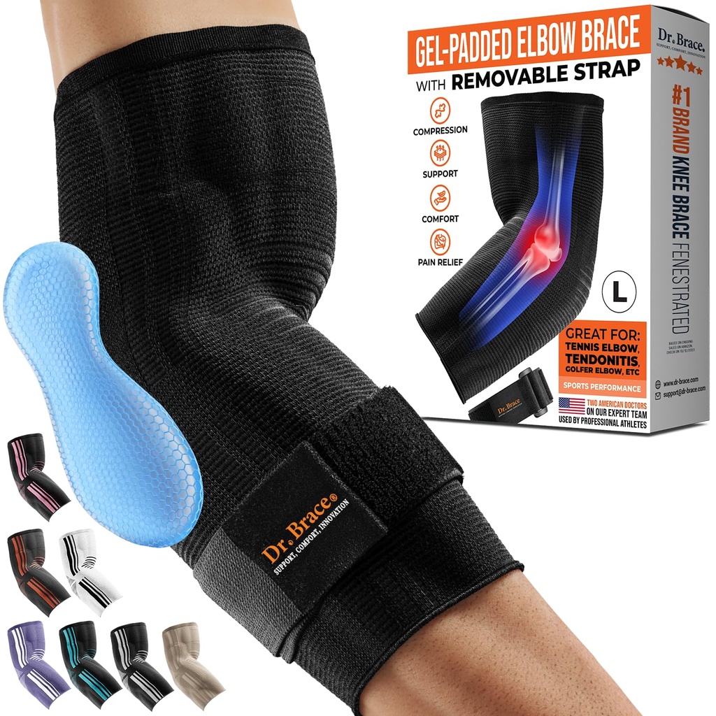 DR. BRACE® Elite αγκώνα Brace Υποστήριξη, αναπνευστική αγκώνα Συμπίεση μανίκι με Gel Pad για Golfer, Tennis Αγκώνα & Τενοντίτιδα Θεραπεία & ανακούφιση του πόνου 2024 (Μαύρο, Μεγάλο)