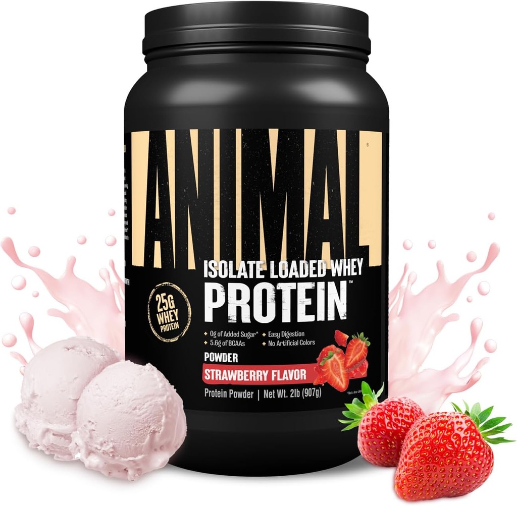 Animal Whey Isolate Protein Powder - Loaded for Pre & Post Workout Muscle Builder and Recovery with Digestive Enzymes for Men & Women - 25g Protein, Great Taste, Low Sugar - Strawberry 2 lbs