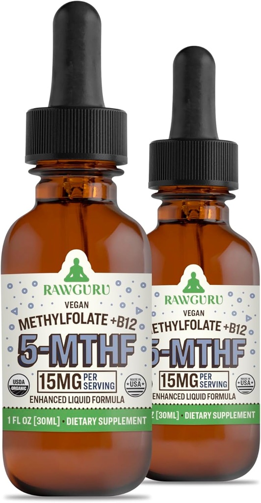 RawGuru L-Methylfolate 15 mg + Βιταμίνη B12 - Βιολογικό Vegan methylated B12 with Trace Minerals - Nano-Processed & Enhanced Liquid Formula - 300 Servings Vegan Drops per 30 ml, Συσκευασία των 2