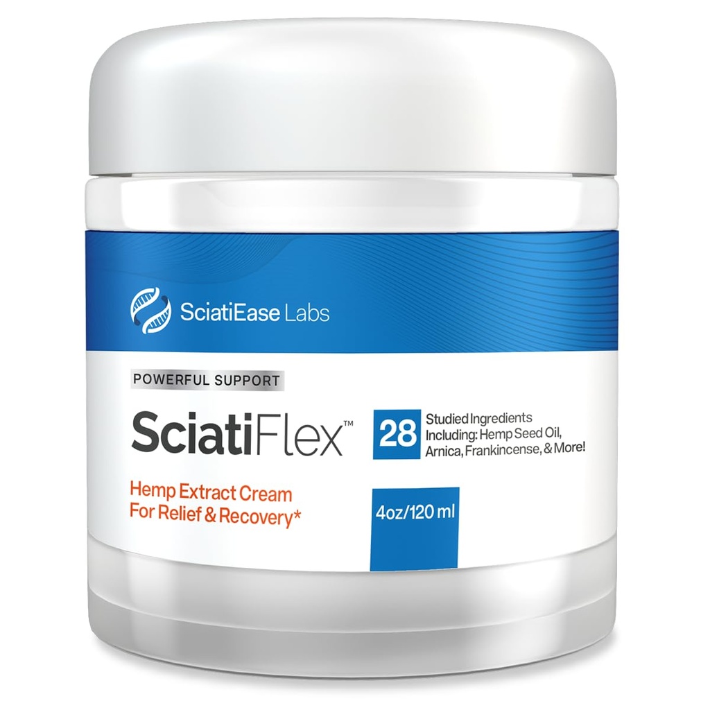 SciatiFlex Topic Sciatic Cream - Μέγιστη δύναμη για το Sciatic Nerve Discomfort στο Κάτω Πίσω μέρος, τους γοφούς, τα πόδια και τα πόδια - Κρέμα κάνναβης με εκχύλισμα Arnica, Βούτυρο Καριτέ, Αλόη Βέρα - 4oz