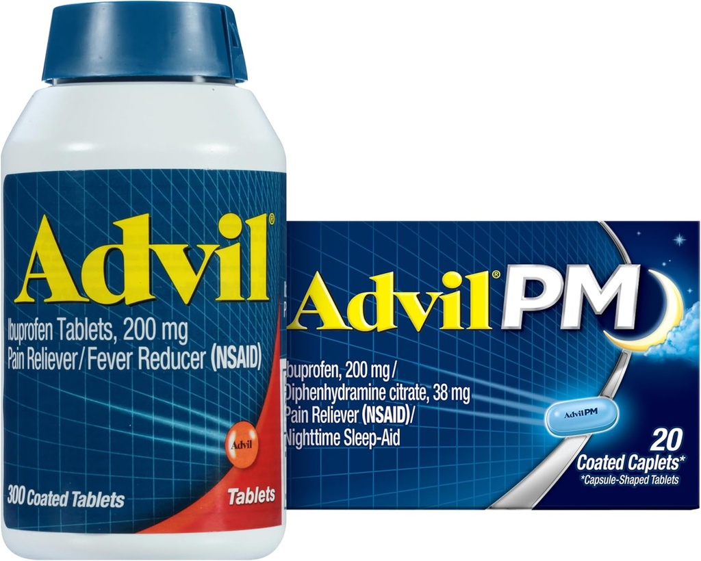 Advil Pain Reliever and Fever Reducer, Ibuprofen 200mg για την ανακούφιση του πόνου - 300 Count, Advil PM Pain Reliever and Nighttime Sleep Aid, Ibuprofen for Pain Relief and Diphenhydramine Citrate - 20 Count