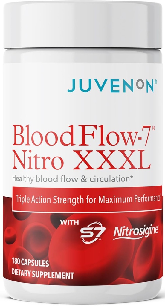 Juvenon BloodFlow-7 XXXL Nitric Oxide Supplements for Men & Women - More Powerful, Longer Lasting Natural Nitric Oxide Booster with Nitrosigine® + S7® - Blood Flow & Circulation Support (1-Pack)