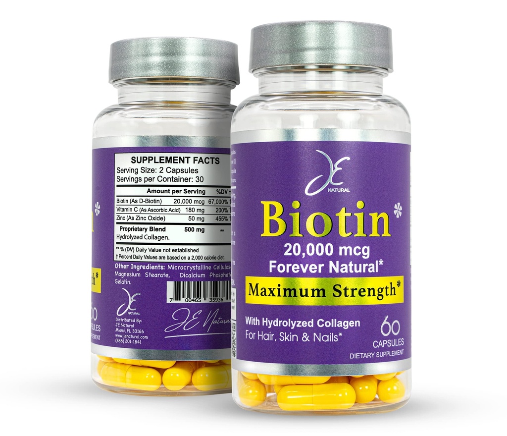 JE Natural Biotin Hair Skin and Nails Βιταμίνες, Βιταμίνη C, Βιοτίνη και Collagen Συμπληρώματα που κάνουν τα μαλλιά να μεγαλώνουν γρηγορότερα και μακρύτερα, για όλες τις ηλικίες, 60 κάψουλες της Biotin 20000mcg μέγιστη δύναμη.