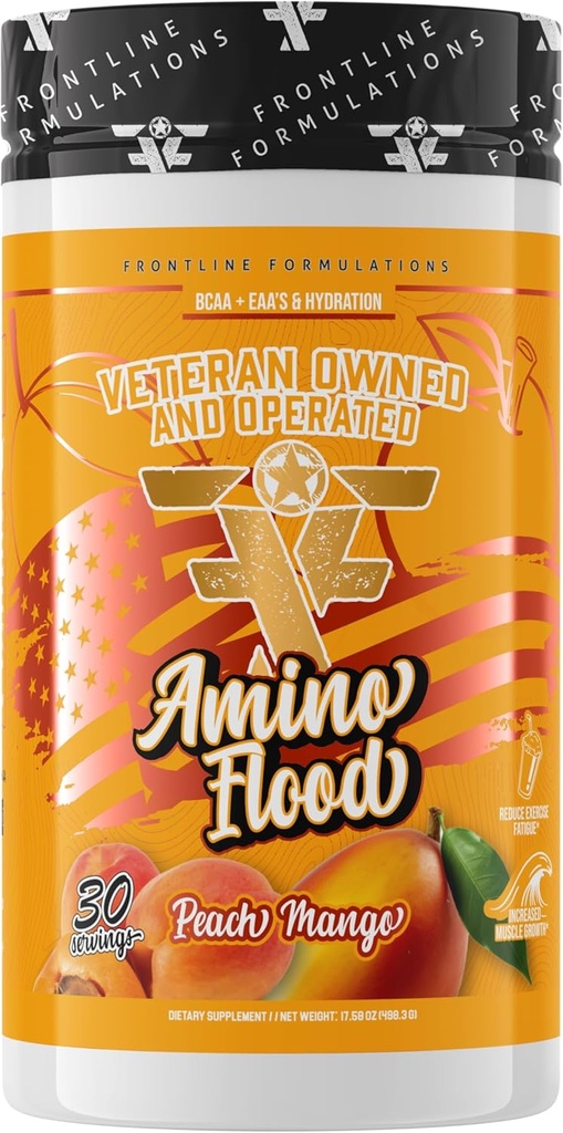 Amino Flood from Frontline Formulations - BCAA + EAA Recovery & Hydration Formula – Υποστήριξη μυών, ηλεκτρολύτες & αντοχή – Amino Acid Supplement for Intra & Post Workout Peach Mango