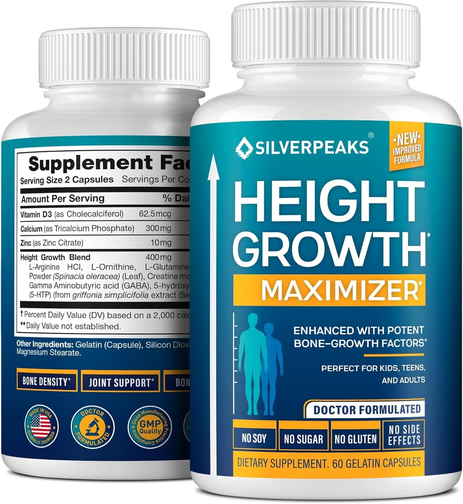 Growth Capsules to Grow Taller - Height Growth Maximizer with Calcium for Bone Strength, Made in USA, Natural Get Taller Supplement to Increase Bone Growth Adults, Teens & Kids, Free of Growth Hormone