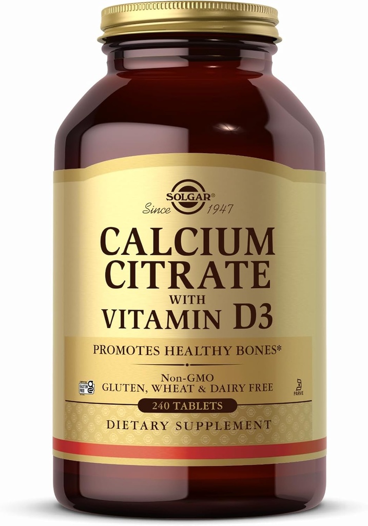 Solgar Calcium Κιτρικό με Βιταμίνη D3-240 Δισκία - Μη ΓΤΟ, Χωρίς Γλουτένη, Kosher - 60 Μερίδες