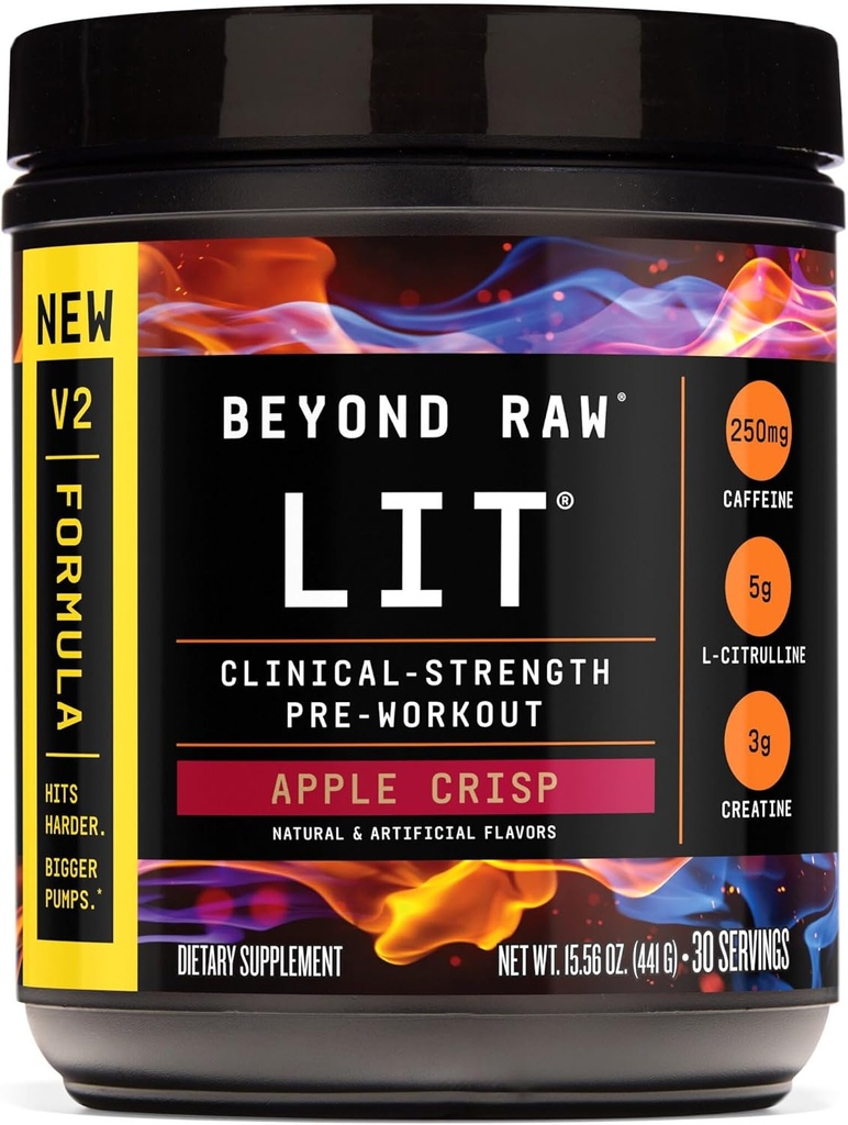 BEYOND RAW LIT V2 Clinical Strength Pre Workout Powder, Hits Harder, Bigger Pumps, Caffeine, L-Citrulline, Creatine, Apple Crisp, 30 Servings